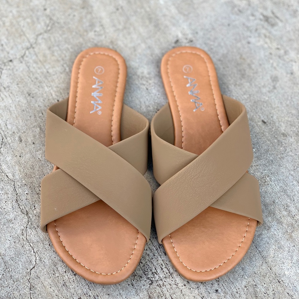 Anna Taupe Cross Strap Slip On Flip Flop Sandals